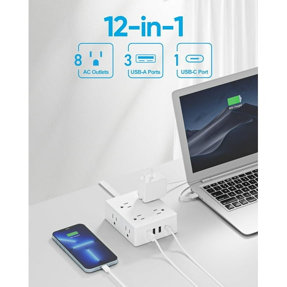 PYYAN-Surge Protector Power Strip, Olcorife 20ft Long Extension Cord with 8 Outlets 4 USB Ports(1 USB C), Flat Wall Plug Outlet Extender, College Dorm Room Essentials, White