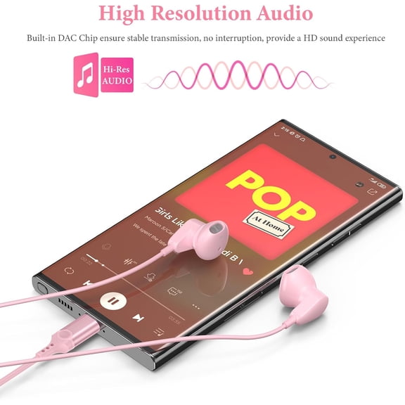 PYYAN-USB C Headphones for iPhone 15 Plus 16 17 Pro Max iPad Pro USB-C Wired Earbuds with Microphone Volume Control HiFi Stereo Type C Earphones for Galaxy S25/S24/S23/S22 Ultra, Pixel 9 8 7 6, Pink