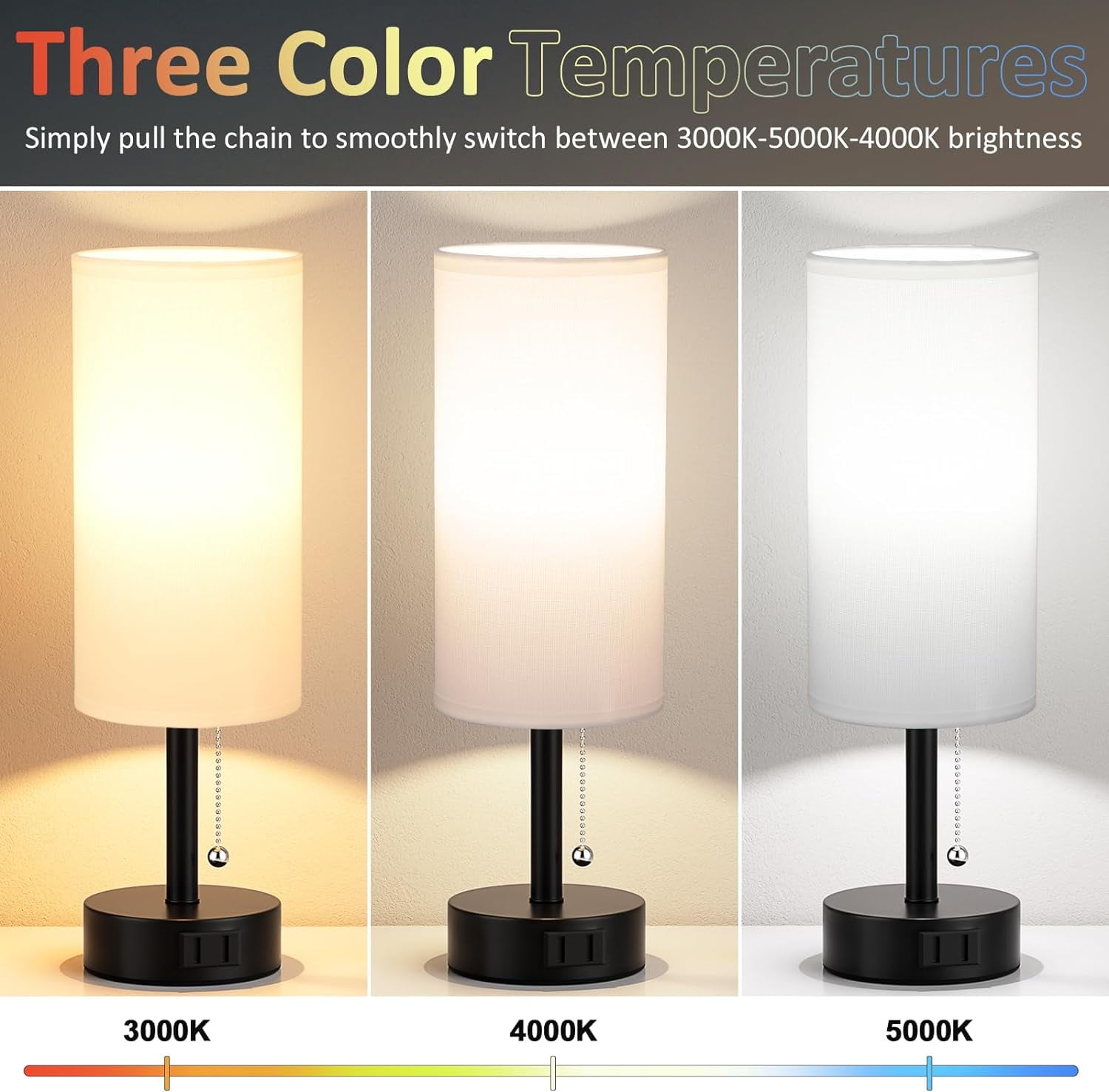 PYYAN-White Bedside Table Lamps Set of 2-3 Color Temperatures Pull ...