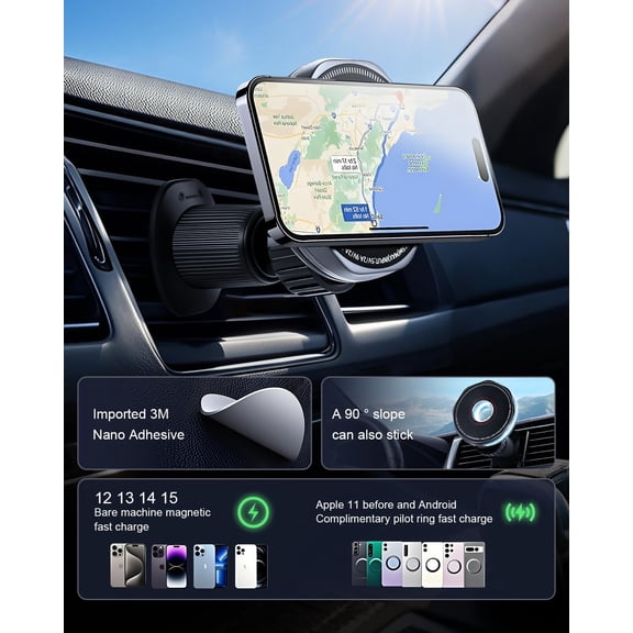 PYYAN-Wireless Car Charger 15W Cell Phone Car Mount, Dashboard/Vent Magnetic Mount for iPhone 16 Pro Max 15 14 13 & Samsung/Android, 360 Rotation Car Phone Holder