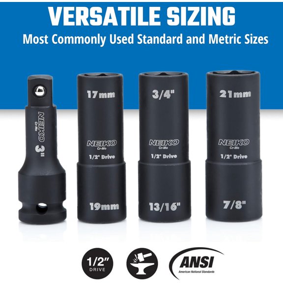 PYYNA-02281B 1/2" Drive Impact Flip Socket Set, Thin Wall Socket, 4 Piece Lug Nut Impact Socket Set, SAE and MM, 3 Extension Bar, Cr-Mo Steel, Impact Lug Nut Socket Set