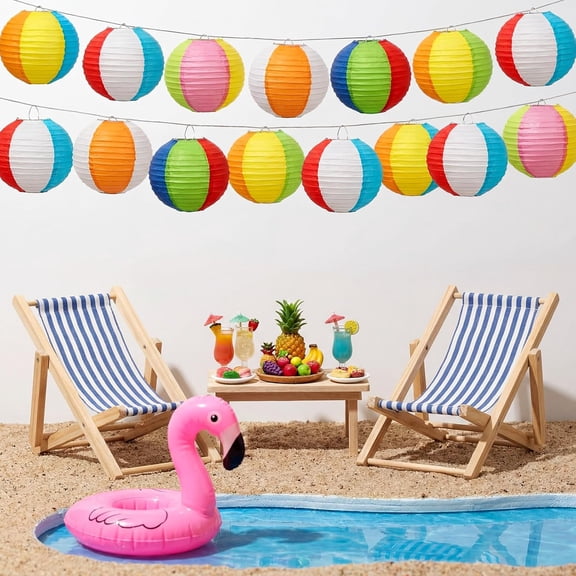PYYNA-10 Pcs Pool Party Decorations Beach Ball Paper Lanterns with String Lights 9.84ft Nylon Summer Hawaiian Themed Hanging Ball Lanterns for Home Birthday Outdoor Indoor Pool Yard Decor(Need Assemb