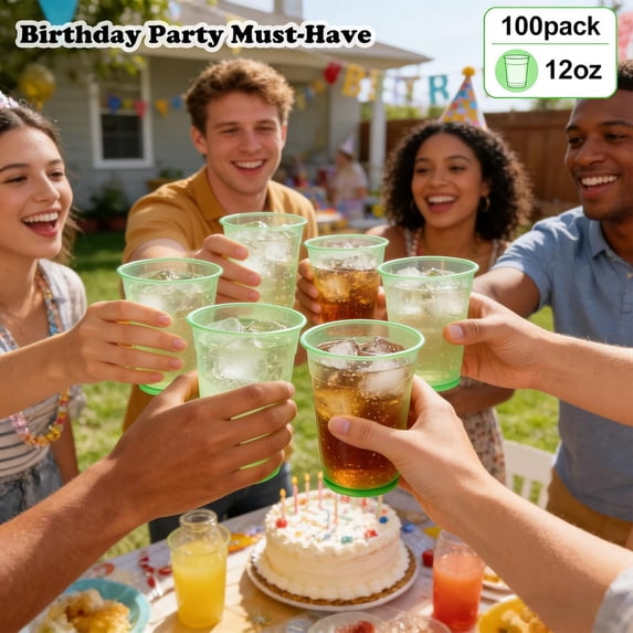 PYYNA-100 Pack 12 oz Green Plastic Cups, Green Party Cups, Clear Disposable Wine Glasses for St. Patrick's Day, Birthdays, Picnics, Carnivals & Party Events