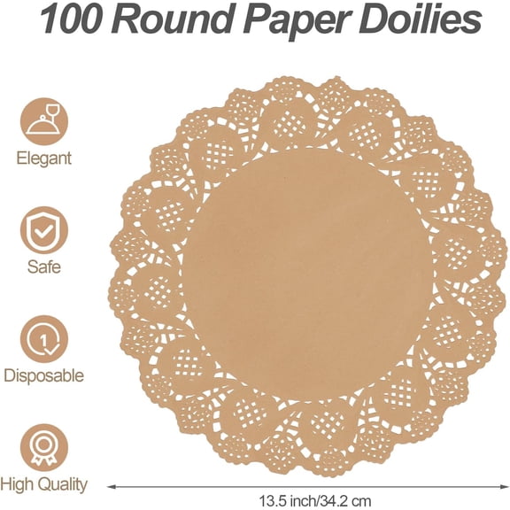 PYYNA-100 Pack Round Brown Kraft Paper Doilies 13.5 Inches Lace Paper Place Mats Rustic Scallop Doily Disposable Table Pads for Food Cakes Crafts Party Weddings Tableware Decor