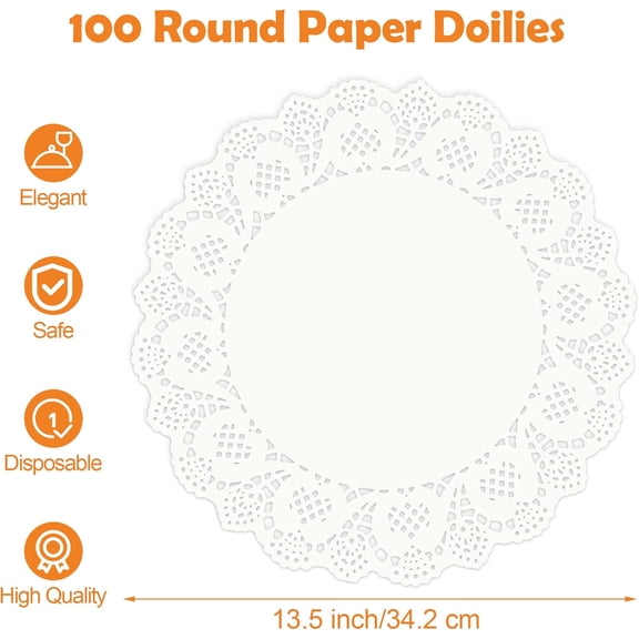 PYYNA-100 Pack Round White Paper Doilies 13.5 Inches Lace Paper Place Mats Rustic Scallop Doily Disposable Paper Table Pads for Food Cakes Crafts Party Weddings Tableware Decor