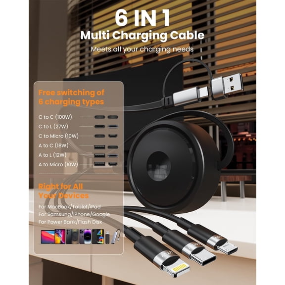 PYYNA-100W 6-in-1 Retractable Multi-Charging Cable, 360 Rotatable USB-C and Lightning Fast Charging Cords, Compatible with iPhone 17/16/15, Samsung S25, and Android Devices, Support CarPlay (5.3ft,