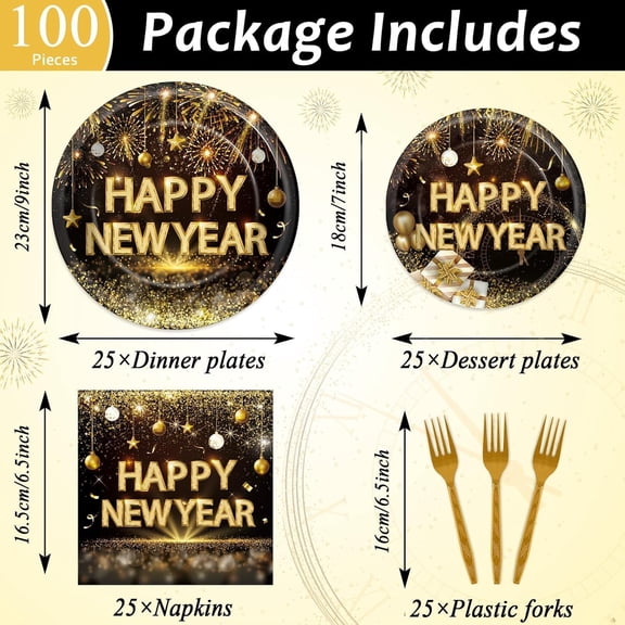 PYYNA-100pcs Happy New Year Plates and Napkins Party Supplies Black and Gold 2026 New Year's Evening Disposable Tableware Set NYE Dinner Dessert Dinnerware Decor Holiday Party Celebration for 25 Gues