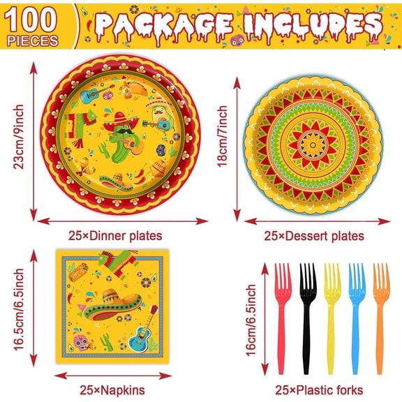 PYYNA-100pcs Mexican Fiesta Plates and Napkins Party Supplies Mayo Party Day of The Dead Tableware Kit Disposable Fiesta Decorations for Taco Birthday Parties Favors Dia De Los Muertos Decor