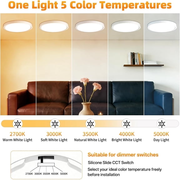 PYYNA-12 Inch 1Pack Super Slim Flush Mount Ceiling Light Fixture,24W 3200LM Dimmable 5CCT Selectable 2700K-5000K Round Light Fixture for Living/Bedroom,Kitchen/Bathroom,Porch &All Indoor Spaces White