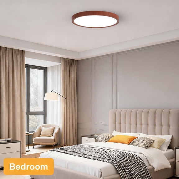 PYYNA-12 Inch LED Wood Grain Flush Mount Ceiling Light Fixture, Modern 22W Round Flat Overhead 3000K-4000K-6000K Selectable Ceiling lamp for Bedroom, Living Room, Kitchen, Entryway