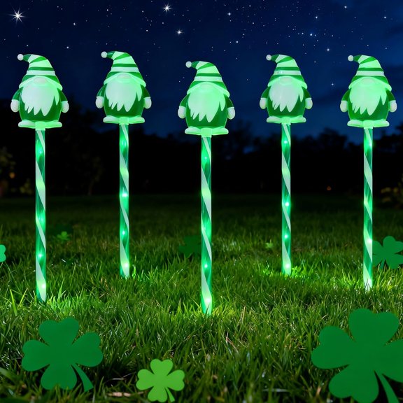 PYYNA-12 Packs Lovely Elf Pathway Lights Outdoor Decorations for St. Patricks Day, Green Lucky Gnome w/ 8 Modes Lighting Auto ON/Off Waterproof Stake Lights for Festive Outside Garden, Yard Decor