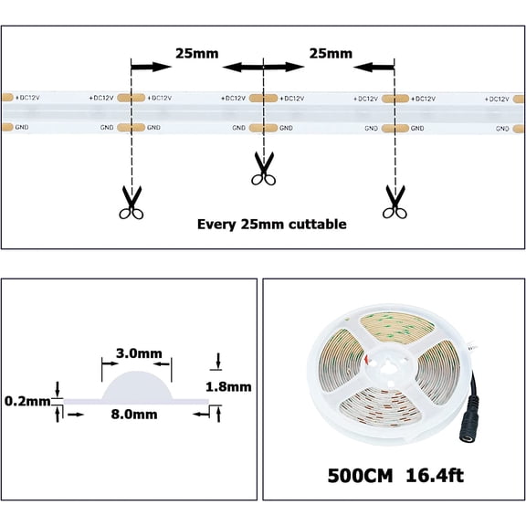 PYYNA-12V COB LED Strip Light Blue 16.4ft Bright Dotless Self Adhesive High Density 480LEDs/M Flexible Cuttable Indoor Use IP20 LED Tape Light for Cabinet Home DIY Lighting Projects