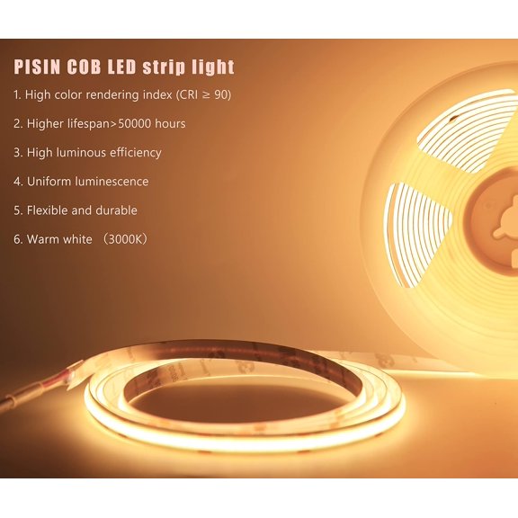 PYYNA-12V COB LED Strip Light Warm White 3000K IP20 Uniform Light Emitting 480LEDs/M 16.4FT/5M CRI90 Flexible Can be Cropped LED Light Strip Cabinet Home DIY Lighting Projects (Warm White 3000K)