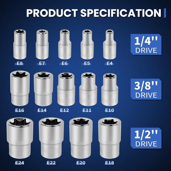 PYYNA-14-Piece E-Torx Star Socket Set, 1/4" 3/8" 1/2" Drive, E4 to E24 External Torque Torx Sockets Kit with Storage Case for Automotive Repair & Maintenance