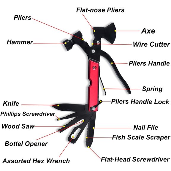 PYYNA-15 in 1Camping Multitool Axe Hatchet,Camping Gear Accessories Multitool,Cool Gadgets Must Haves for Men,Camping Tool with Axe,Hammer,Plier,Knife,Bottle Opener,Valentine's Gifts for Men, Women