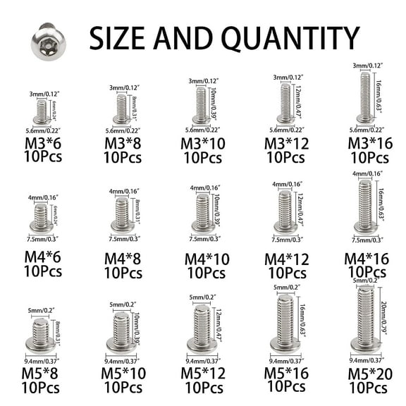 PYYNA-150Pcs 304 Stainless Steel Button Head Torx Security Screws Tamper Resistant Screw Assortment Set, M3 M4 M5 with 3 Wrench(T10 T20 T25)
