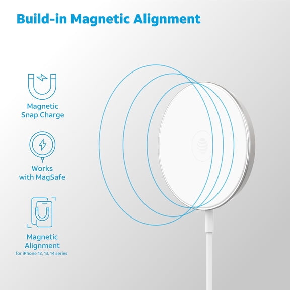 PYYNA-15W Qi Wireless Charging Pad with Secure Magnetic Alignment, Qi Certified Fast Charger for iPhone, Android, Pixel, USB-C Input, Case-Friendly, Desk or Nightstand Use - White