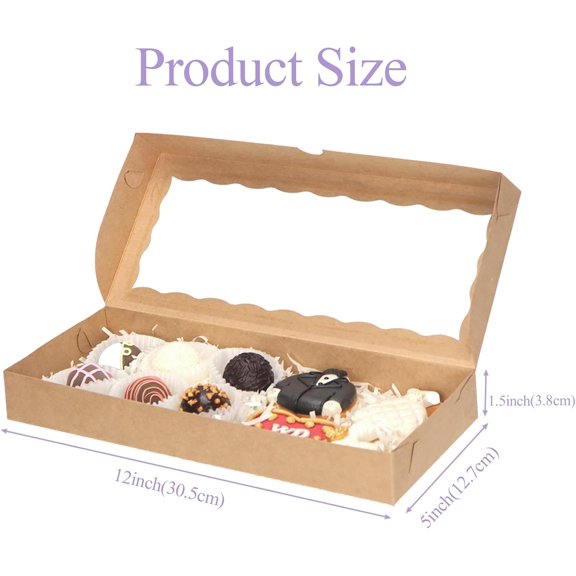 PYYNA-15pcs 12x5x1.5 Inch Borwn Cookies Boxes with Window Bakery Boxes Macaron Boxes Cakesickle Boxes Chocolate Truffle Boxes Donut Treat Boxes for Christmas Valentine's Easter Mother's Day
