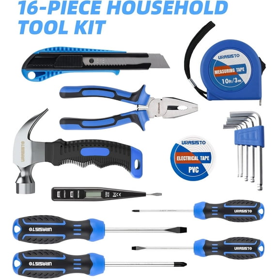 PYYNA-16-Piece kid Tool Set Basic Hand Tool Kit with Claw Hammer,Lineman's Pliers, Perfect for DIY, Home Maintenance, Age 14+