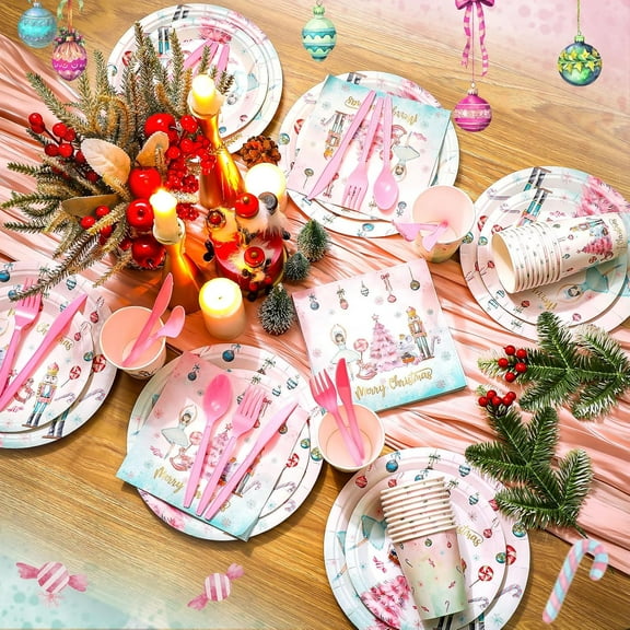 PYYNA-168 Pcs Christmas Nutcracker Party Supplies Christmas Pink Nutcracker Plates Tableware Set Disposable Dinnerware Napkins Plate Cup Plastic Fork Knife Spoon for 24 Guests Xmas Holiday Dinner