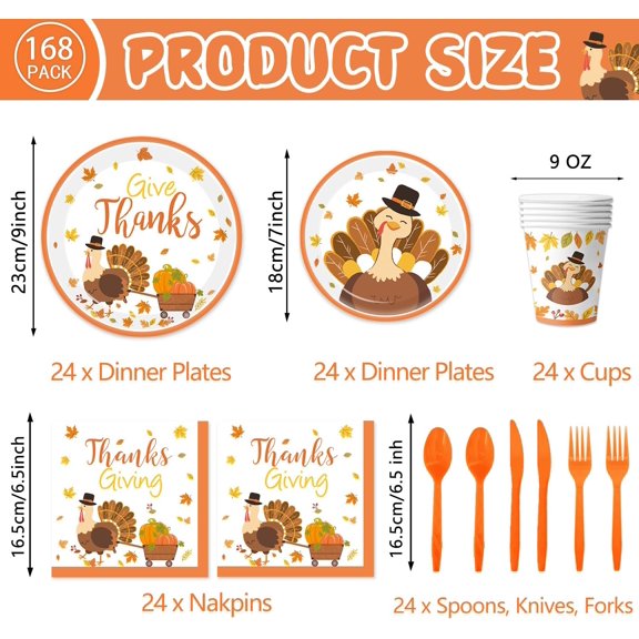 PYYNA-168 Pcs Turkey Thanksgiving Party Supplies Kit Give Thanks Decorations Includes Plates, Napkins, Cups, Cutlery for Thanksgiving Party Decorations, Serve 24