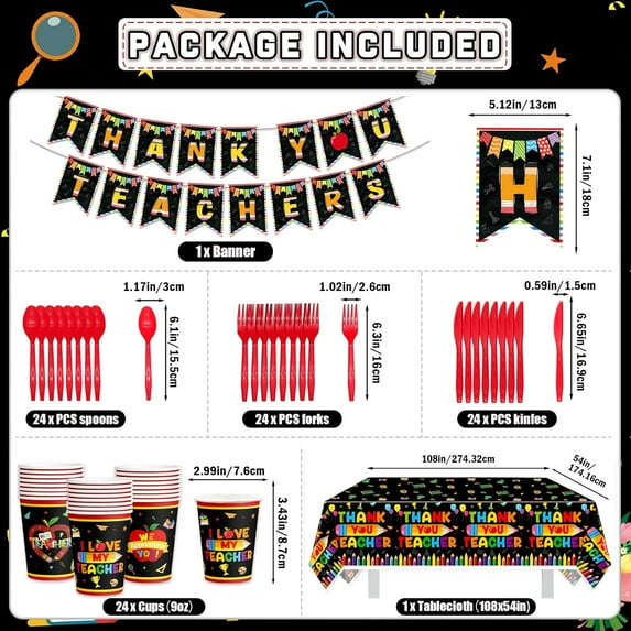 PYYNA-185Pcs Teacher Appreciation Party Supplies Teacher Appreciation Decorations Teacher Appreciation Banner Thank You Teachers Tableware (black red)