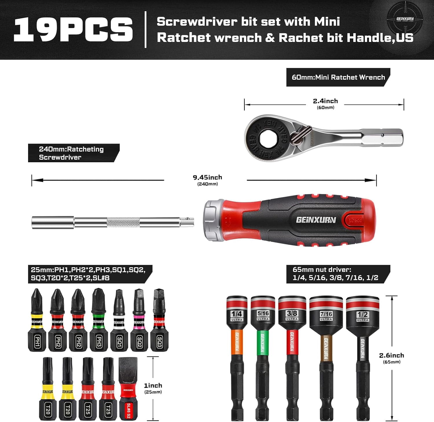Simple Rachet Tool Set PYYNA-19 Pieces Ratcheting Screwdriver Set and Socket Wrench Set, Mini ...