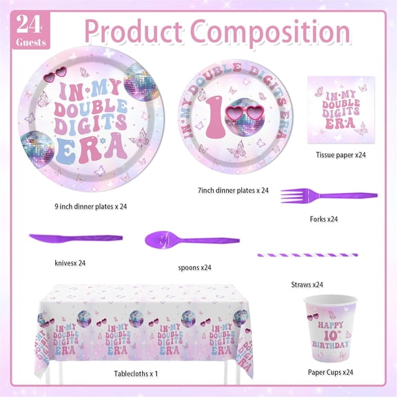 PYYNA-193pcs 10th Birthday Party Supplies for Girls, In My Double Digits Era Tableware Set with Plates Napkins Cups Tablecloth, Iridescent Disco Music Theme Birthday Decorations, Serves 24