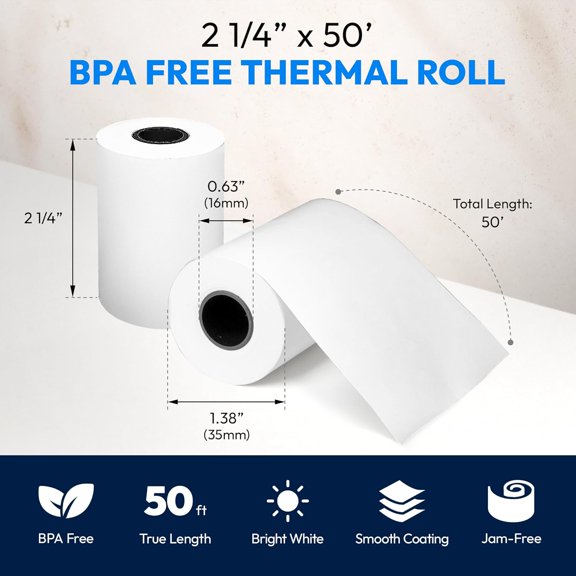PYYNA-2 1/4" x 50' Thermal Paper (50 Rolls) - BPA Free Receipt Paper, 48 GSM Safe Thermal Printer Paper & Register Tape for Credit Card Machines, POS Printers
