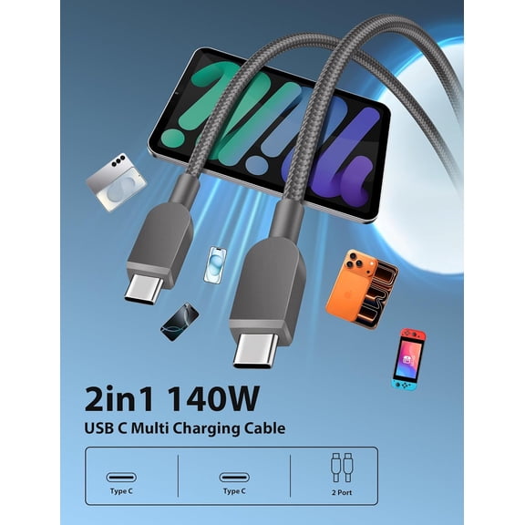 PYYNA-2 in 1 Charging Cable 6FT,140W Dual USB C to USB C Multi Charging Cable Split Type C Fast Charger Cord for iPhone 17 16 Pro Max/iPad 11 10/Samsung S26 Ultra S25 S24/Pixel 10 Pro 9/Android Phone