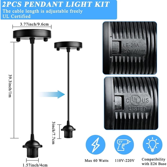 PYYNA-2 Pack Black Vintage Pendant Light Kit, UL E26 Pendant Light Cord, Ceiling Hanging Lamp Fixtures Edison Retro Lamp Socket, DIY Adjustable Hanging Lamps Holder Kit for Kitchen Bar Cafe