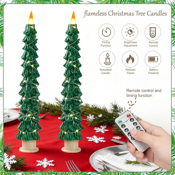 PYYNA-2-Pack Christmas Tree Flameless LED Candles with String Lights, Realistic 3D Flickering Flame, Remote Control, Battery-Operated Christmas Decorations for Home & Holiday Display