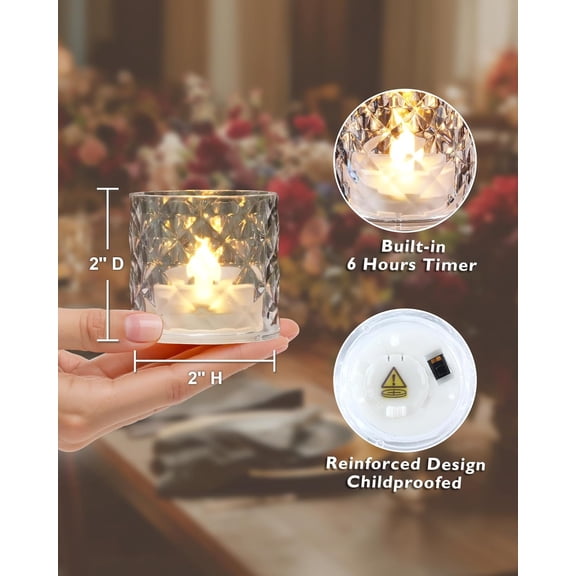 PYYNA-2" x 2" Acrylic Votive Candle Holders with Auto Timer Flameless Led Tealight, Battery Powered Fake Electric Candles for Wedding Centerpiece, Table, Christmas Decor (6Pack, Clear Base)