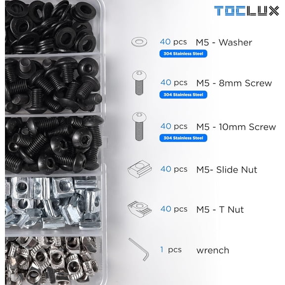 PYYNA-200pcs 2020 Series M5 T Nut and Black Screw Kit Sliding & Drop-in T-Nuts, M5x8 & 10mm Black Screws, Washers, Hex Wrench for 6mm T-Slot Aluminum Extrusion Accessories Extruded Aluminum Hardw