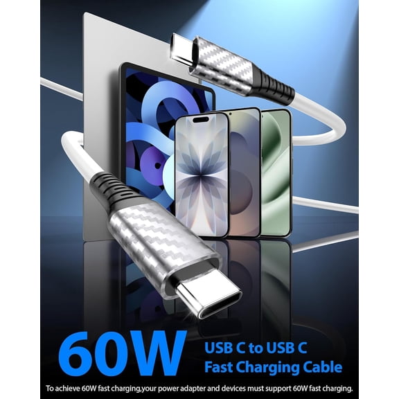 PYYNA-20ft Long USB C Cable Heavy-Duty 60W 45W 25W PD Charge USBC Charging USB2.0 Data Transfer Charger Cord for iPhone Air 17 17e 16 15 Pro for Samsung S26 Ultra S25 for Google Pixel 10 10a/Android