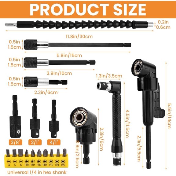 PYYNA-21Pcs Right Angle Drill Attachment Set Include 2Pcs Flexible Drill Bit Extension 3Pcs 360 Rotatable Socket Adapter 2Pcs Hex Shank 105 Right Angle Attachment 10 Screwdriver Bits(COLOR:black)