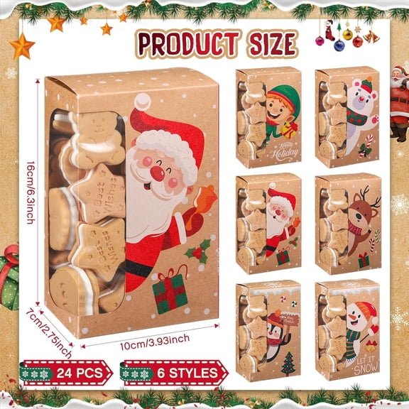 PYYNA-24 Pcs Christmas Cookie Boxes with Window Xmas Party Treat Boxes Kraft Paper DIY Holiday Gift Containers for Christmas Gift Giving Holiday Candy Pastry Bakery Supplies Decor(Snowflake)