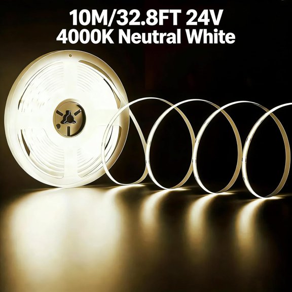 PYYNA-24V COB LED Strip Light 10M/32.8ft, 4000K Neutral White, CRI Ra90 8mm Width, 4800 LEDs 480 LEDs/M 146 LEDs/ft, 600LM/ft Cuttable Tape Light, Non-Dimmable, No Power Adapter