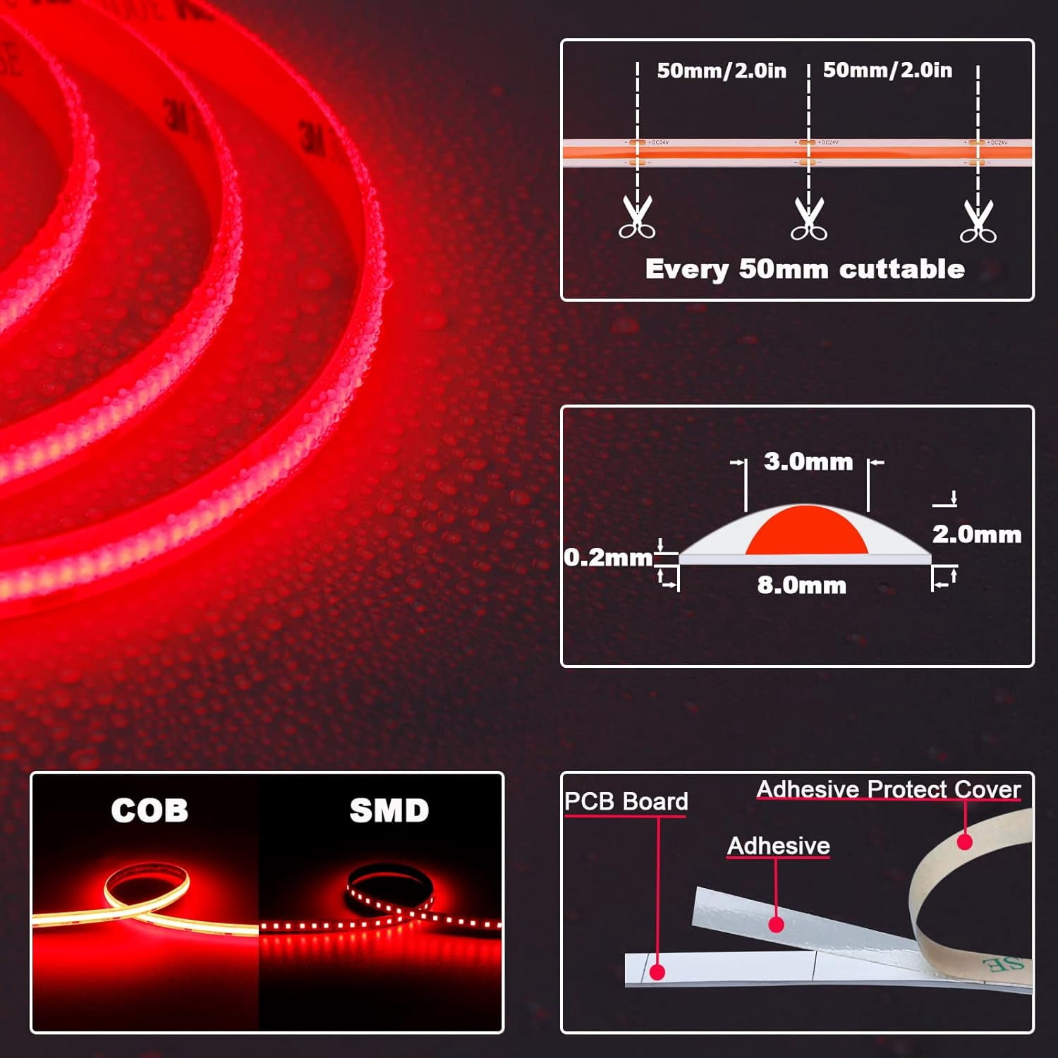 Red Cob PYYNA-24V Red COB LED Strip Waterproof IP65 Outdoor 16.4ft Super Bright ...