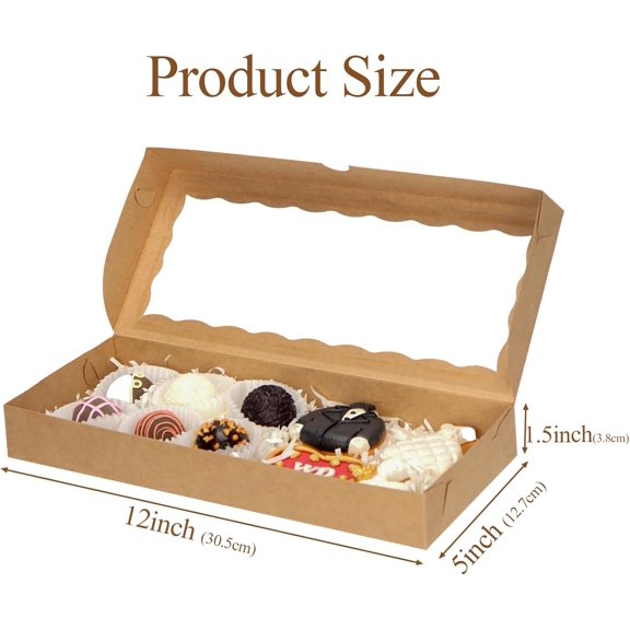 PYYNA-24pcs 12x5x1.5 Inch Borwn Cookies Boxes. with Window Bakery Boxes Macaron Boxes Chocolate Truffle Boxes Donut Treat Boxes Cakesickle Boxes for Christmas Valentine's Easter Mother's Day