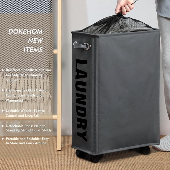 PYYNA-25-Inches Slim Laundry Basket on Wheels, Collapsible Rolling Laundry Hamper, Foldable Narrow Corner Clothes Storage Bins (Dark Grey)