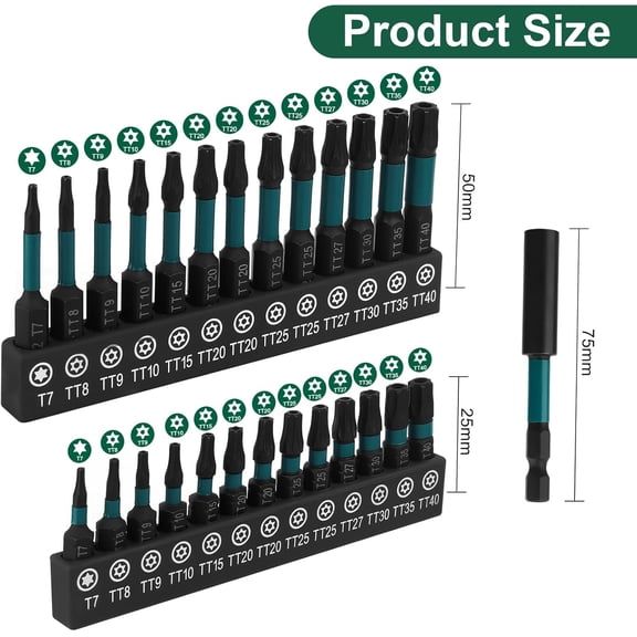 PYYNA-27pcs Impact Security Torx Set, S2 Steel Star Driver Kit (T7-T40), Dual Lengths 25mm & 50mm with Magnetic Bit Holder, Mixed Solid & Tamper-Proof CNC Tips for Automotive & DIY Repairs