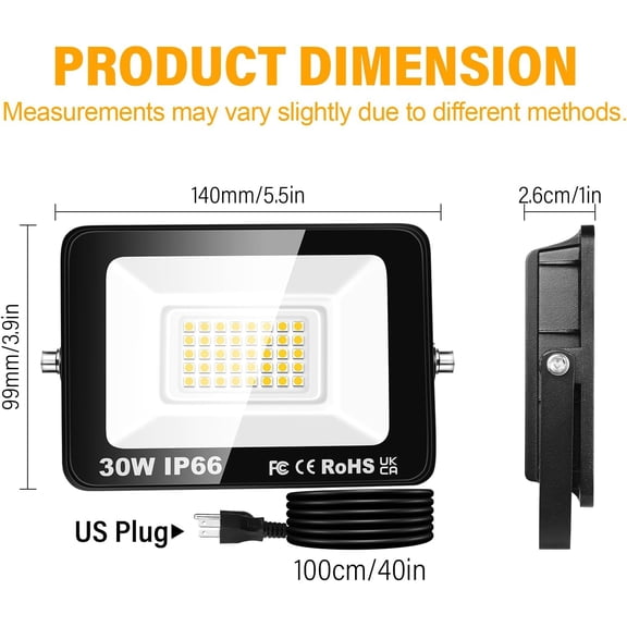 PYYNA-2PCS Outdoor LED Floodlights 30W 3000LM, Flood Lights with Plug, LED Security Lights 3000K Warm White Job Site Work Lamp IP66 Waterproof for Garden Garage Yard Lawn Court Workshop Patio
