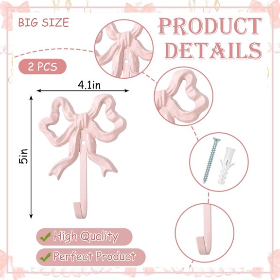 PYYNA-2Pcs Valentine's Day Pink Bow Hooks Bow Knot Towel Coat Hanger Coquette Wall Hooks for Home Living Room Bedroom Bathroom Kitchen Decor