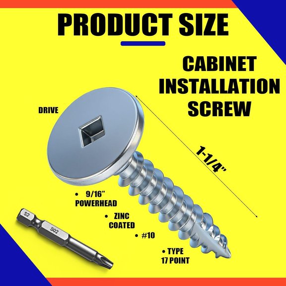 PYYNA-2lb Cabinet Installation Screws, 1-1/4 Inch Wood Deck Screws with Screwdriver Bit for Cabinets Windows and Doors, Length 9/16 Power Head, Type 17 Point, Zinc Finish