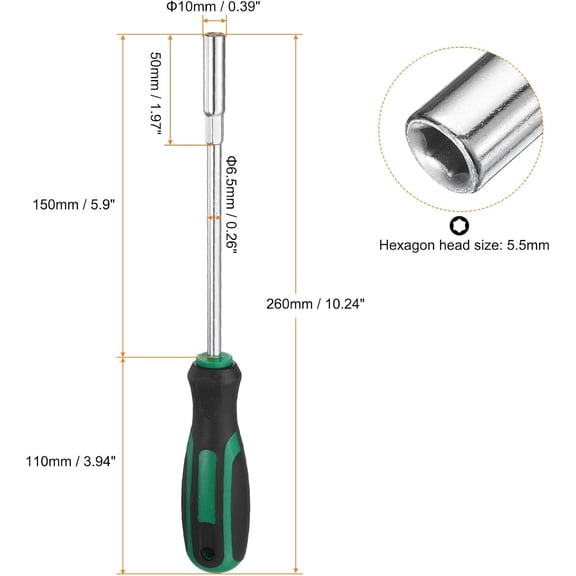 PYYNA-2pcs Metric Nut Driver 5.5mm Dia 150mm Round Shank CR-V 6 Point Hex Hexagon Socket Wrench Screwdriver with Non-Slip Handle for Tightening and Loosening Fasteners