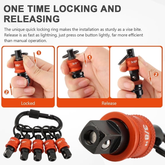 PYYNA-3/8" Socket Holder Keychain 5 Pack, Heavy-Duty Quick Release Bit Holder Keychain with Locking Clip, Impact Wrench & Toolbox Accessories for Mechanics, Linemen, Industrial Pros(SIZE:3/8 Inch)
