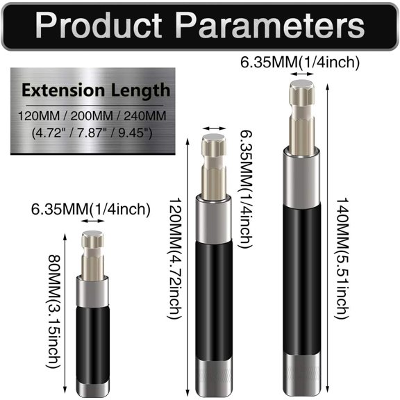 PYYNA-3 Pcs 1/4 Inch Hex Shank Magnetic Bit Holder Extension Quick Change Screwdriver Connection Rod Adapter Sleeve for Screws, Nuts, Driver, Drill Bit Set or Handheld Driver - 80/120/140mm Length