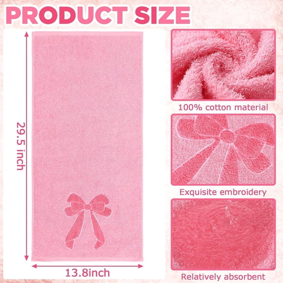 PYYNA-3 Pcs Pink Bow Hand Towels Coquette Kitchen Towels 14 x 29 Inch 100% Cotton Absorbent Preppy Pink Bow Decor for Bathroom Soft Dish Cloth for Women Gifts