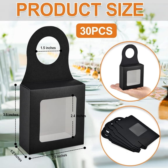 PYYNA-30 PCS Kraft Paper Wine Bottle Boxes with Transparent Window Hanger Foldable Wine Bottle Empty Gift Boxes with Hanger for Valentines Christmas Candy Truffles Chocolate Cookies Packing, Black